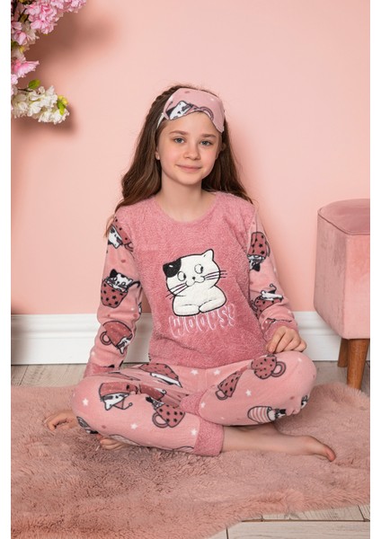 Kız Çocuk Welsoft Kumaş-Göz Bantlı Kedicik Baskılı Pijama Takımı 12282 fiyatları