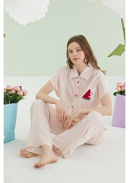 Pembe Karpuz Desenli Önden Düğmeli Pijama Takım