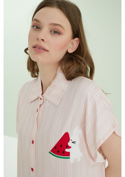 Pembe Karpuz Desenli Önden Düğmeli Pijama Takım modelleri