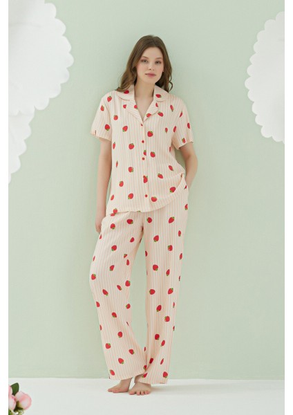 Turuncu Çilekli Önden Düğmeli Pijama Takım
