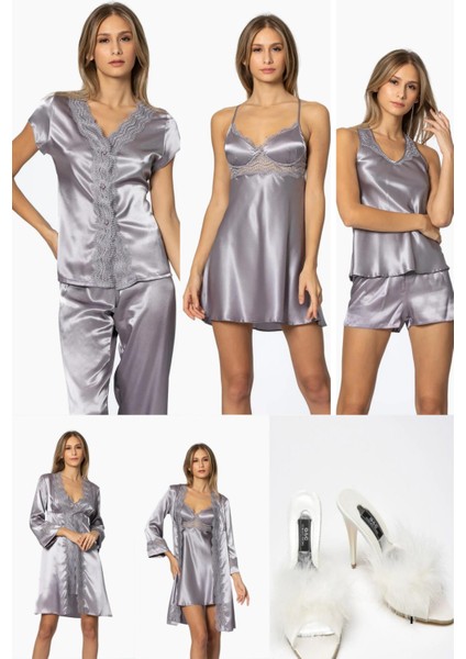 Kadın6'lı Saten Gelin Çeyiz Seti Sabahlık & Gecelik & Pijama Takımı & Şortlu Takım Terlik Hediyeli