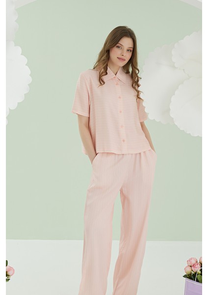 Pembe Çizgili Önden Düğmeli Pijama Takımı modelleri