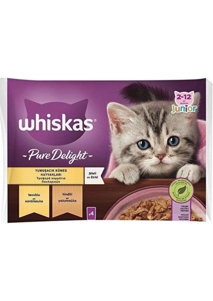 Pouch Güveç Etli Pure Delight Tavuklu ve Somonlu Yavru Kedi Yaş Maması 4X85 gr (13 Paket, 52 Adet Tekli)