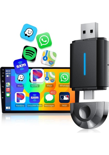 Kablosuz Carplay & Android Auto Adaptörü 2si1 Arada Tak Çalıştır Mini Wifi Bluetooth Hızlı Bağlantı Kaliteli USB Montajsız Car Play