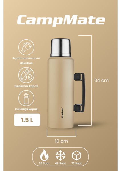 1.5 Litre Çift Katlı Çelik Termos-24 Saat Sıcak, 48 Saat Soğuk, Kulplu (Kamp, Piknik, Ofis, Seyahat) fiyatları