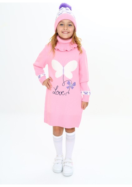 Kız Çocuk Kışlık Elbise Kelebek Işlemeli Bere ve Boyunluklu 3'lü Takım