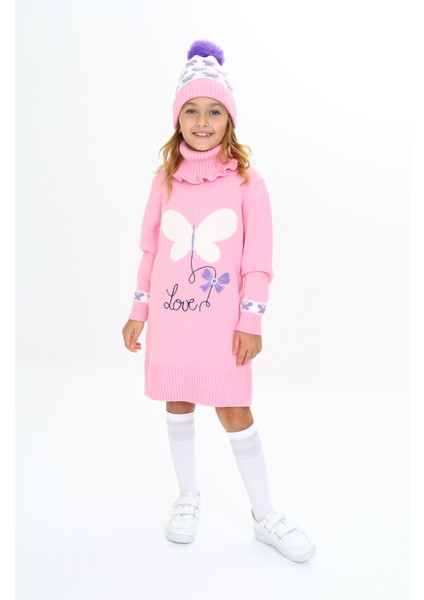 Kız Çocuk Kışlık Elbise Kelebek Işlemeli Bere ve Boyunluklu 3'lü Takım fiyatları