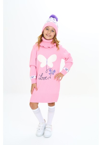 Kız Çocuk Kışlık Elbise Kelebek Işlemeli Bere ve Boyunluklu 3'lü Takım modelleri