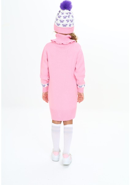 Kız Çocuk Kışlık Elbise Kelebek Işlemeli Bere ve Boyunluklu 3'lü Takım indirimleri