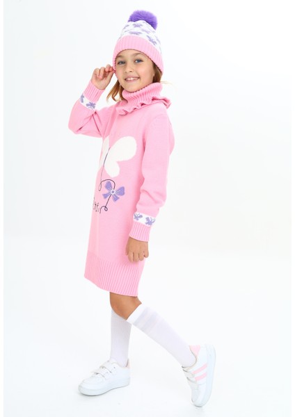 Kız Çocuk Kışlık Elbise Kelebek Işlemeli Bere ve Boyunluklu 3'lü Takım