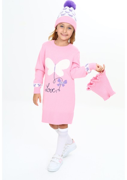Kız Çocuk Kışlık Elbise Kelebek Işlemeli Bere ve Boyunluklu 3'lü Takım
