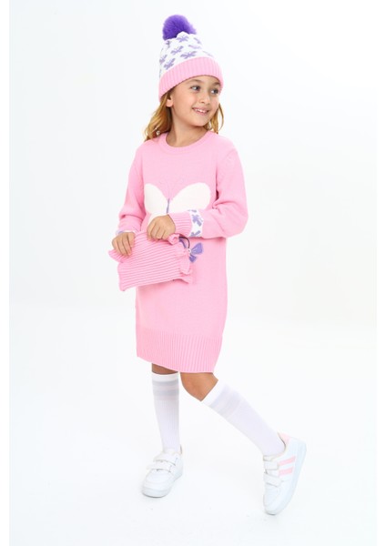 Kız Çocuk Kışlık Elbise Kelebek Işlemeli Bere ve Boyunluklu 3'lü Takım