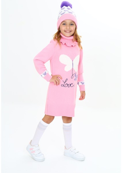 Kız Çocuk Kışlık Elbise Kelebek Işlemeli Bere ve Boyunluklu 3'lü Takım