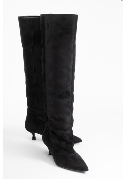 Zach Siyah Süet Diz Üstü Kadın Kısa Topuklu Çizme