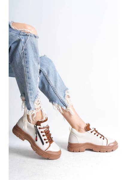 Agatha Bağcıklı Fermuarlı Ortopedik Taban Kadın Sneaker Spor Ayakkabı Tt - Krem modelleri