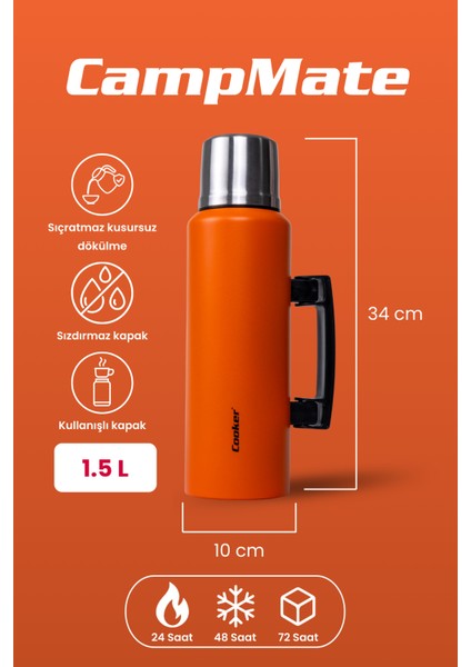 1.5 Litre Çift Katlı Çelik Termos-24 Saat Sıcak, 48 Saat Soğuk, Kulplu (Kamp, Piknik, Ofis, Seyahat) fiyatları