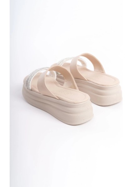 Sarah Düz Topuklu Taşlı Şeritli Kalın ve Ortopedik Taban Kadın Terlik Kt - Krem indirimleri