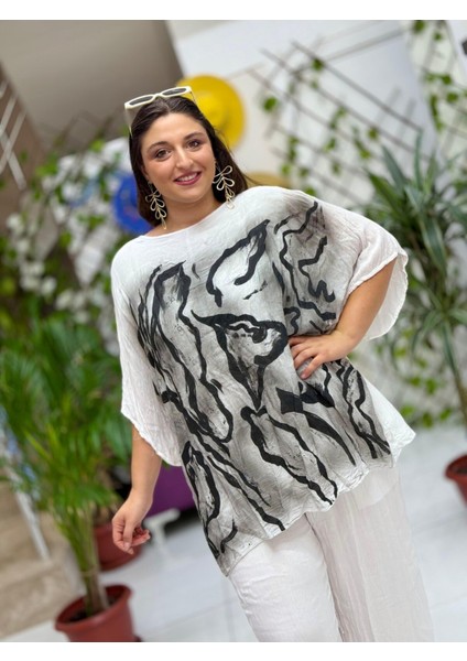 VL3009 Yarasa Kol Baskılı Vual Bluz Beyaz
