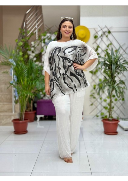 VL3009 Yarasa Kol Baskılı Vual Bluz Beyaz fiyatları