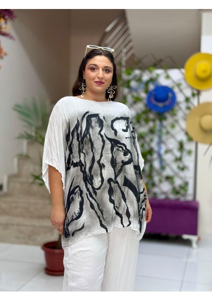 VL3009 Yarasa Kol Baskılı Vual Bluz Beyaz modelleri