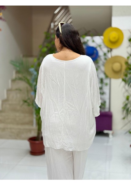 VL3009 Yarasa Kol Baskılı Vual Bluz Beyaz indirimleri