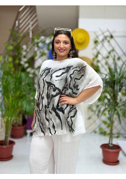 VL3009 Yarasa Kol Baskılı Vual Bluz Beyaz