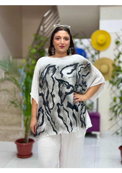 VL3009 Yarasa Kol Baskılı Vual Bluz Beyaz