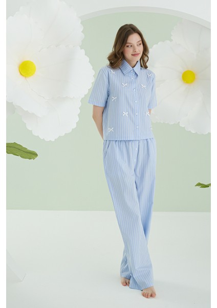 Mavi Kurdele Önden Düğmeli Pijama Takım