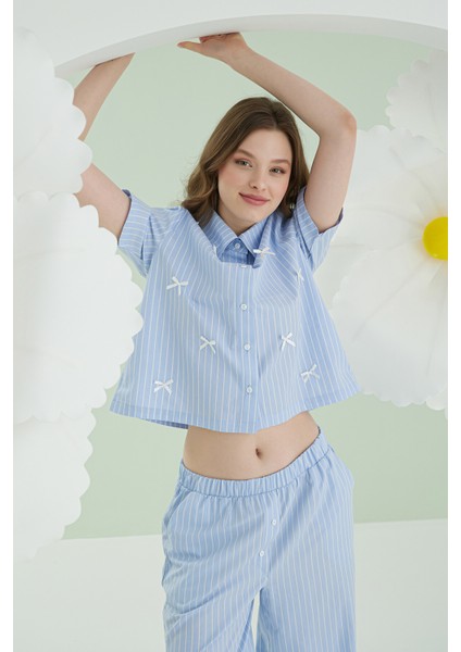 Mavi Kurdele Önden Düğmeli Pijama Takım fiyatları