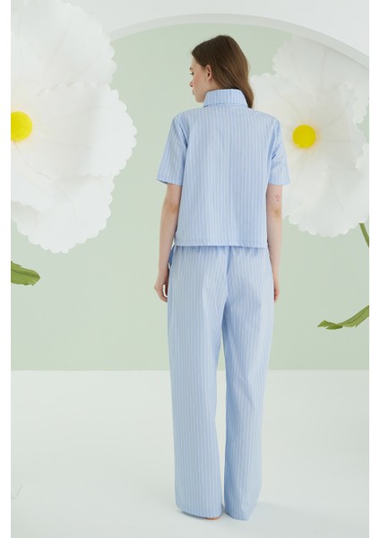 Mavi Kurdele Önden Düğmeli Pijama Takım fırsatları