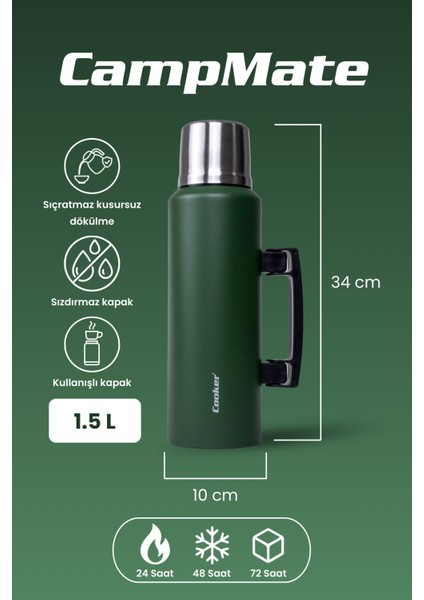 1.5 Litre Çift Katlı Çelik Termos-24 Saat Sıcak, 48 Saat Soğuk, Kulplu (Kamp, Piknik, Ofis, Seyahat) fiyatları