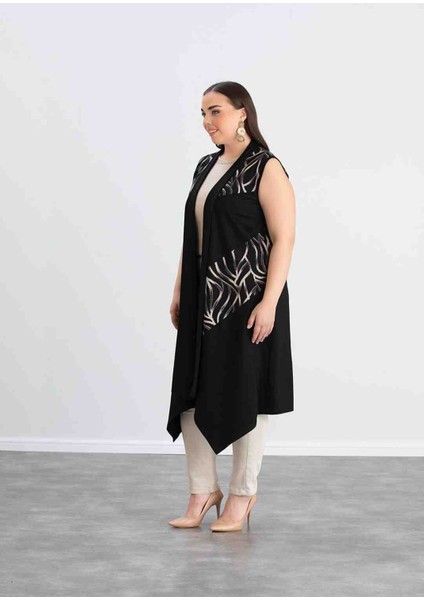 Anne Siyah Desenli Büyük Beden Kristal Kumaş Yelek fiyatları