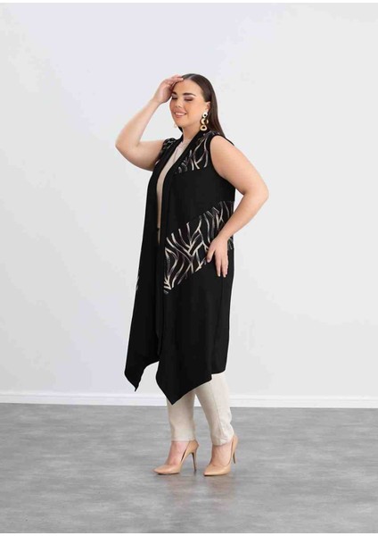 Anne Siyah Desenli Büyük Beden Kristal Kumaş Yelek modelleri