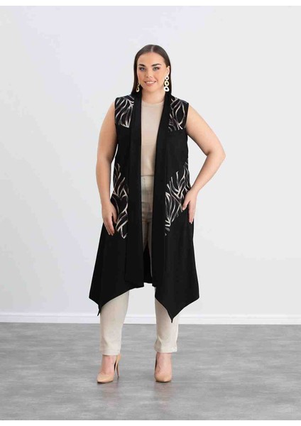 Anne Siyah Desenli Büyük Beden Kristal Kumaş Yelek fırsatları