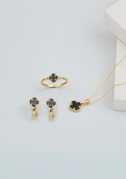 Siyah Taşlı Yonca 14 Ayar Altın Takı Seti fiyatları