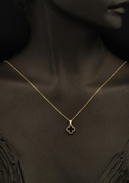 Siyah Taşlı Yonca 14 Ayar Altın Takı Seti modelleri