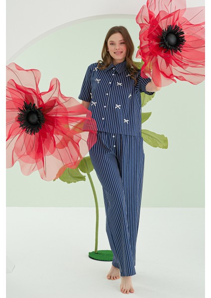 Lacivert Kurdele Önden Düğmeli Pijama Takım