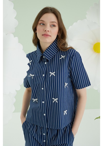 Lacivert Kurdele Önden Düğmeli Pijama Takım modelleri