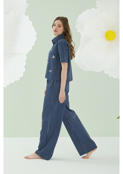 Lacivert Kurdele Önden Düğmeli Pijama Takım fırsatları