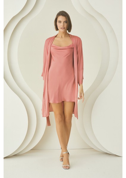 Pembe Silky Kısa Kuşaklı Tek Sabahlık
