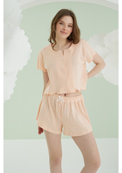 Somon Önden Düğmeli Crop Şort Takım
