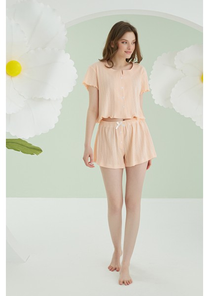 Somon Önden Düğmeli Crop Şort Takım modelleri