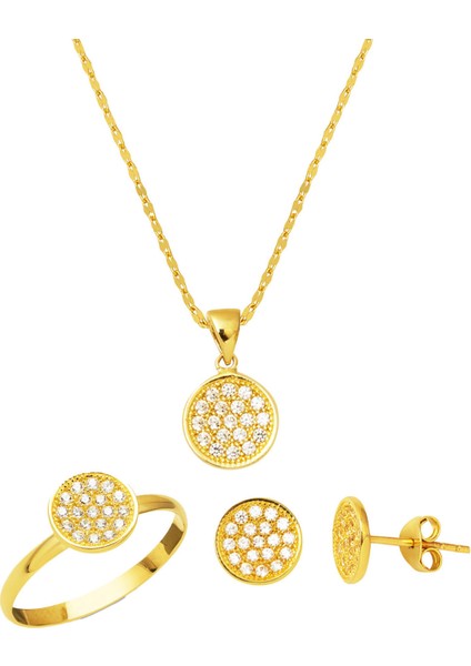 Yuvarlak Taşlı Minimal Altın Takı Seti 14 Ayar