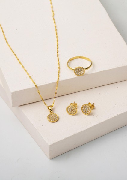 Yuvarlak Taşlı Minimal Altın Takı Seti 14 Ayar fiyatları