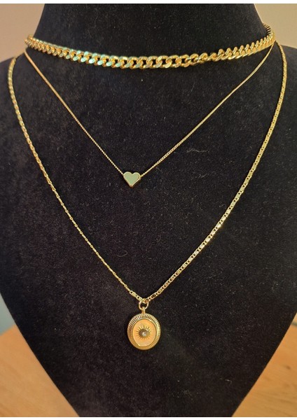 3’lü Set Altın Renk Kalp ve Güneş Motifli Kadın Kolye