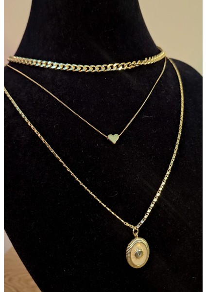 3’lü Set Altın Renk Kalp ve Güneş Motifli Kadın Kolye