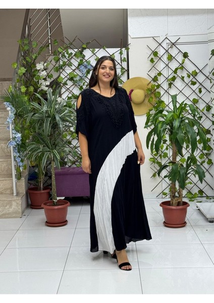 VL8870 Omuz Pencereli Şerit Desenli Dantelli Vual Elbise Siyah