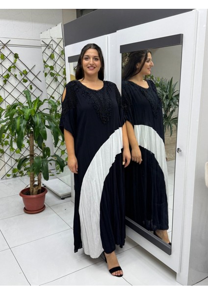 VL8870 Omuz Pencereli Şerit Desenli Dantelli Vual Elbise Siyah modelleri