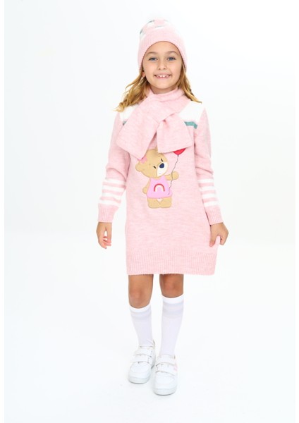 Kız Çocuk Kışlık Elbise Balon Tutan Ayıcık Işlemeli Bere ve Atkılı 3'lü Takım