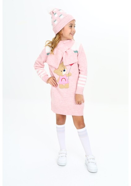 Kız Çocuk Kışlık Elbise Balon Tutan Ayıcık Işlemeli Bere ve Atkılı 3'lü Takım fiyatları